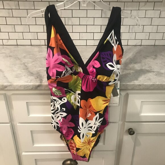 Nygard Collection Swimsuit Womens 16 Black Tropical Floral One Piece New Tags - Picture 1 of 10